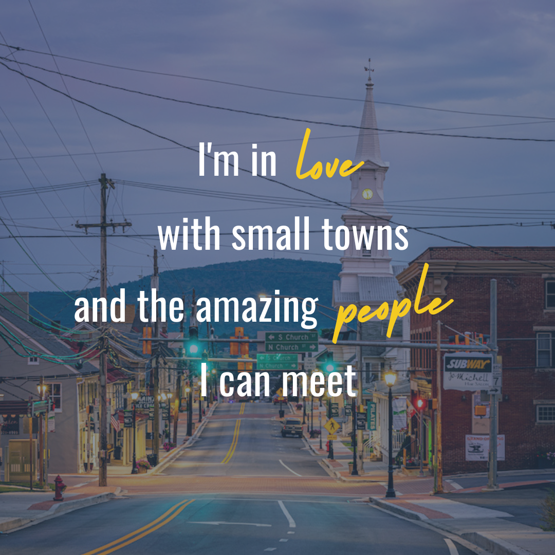I'm in love with small towns and the amazing people I can meet. With background of Main Street Middletown facing West.